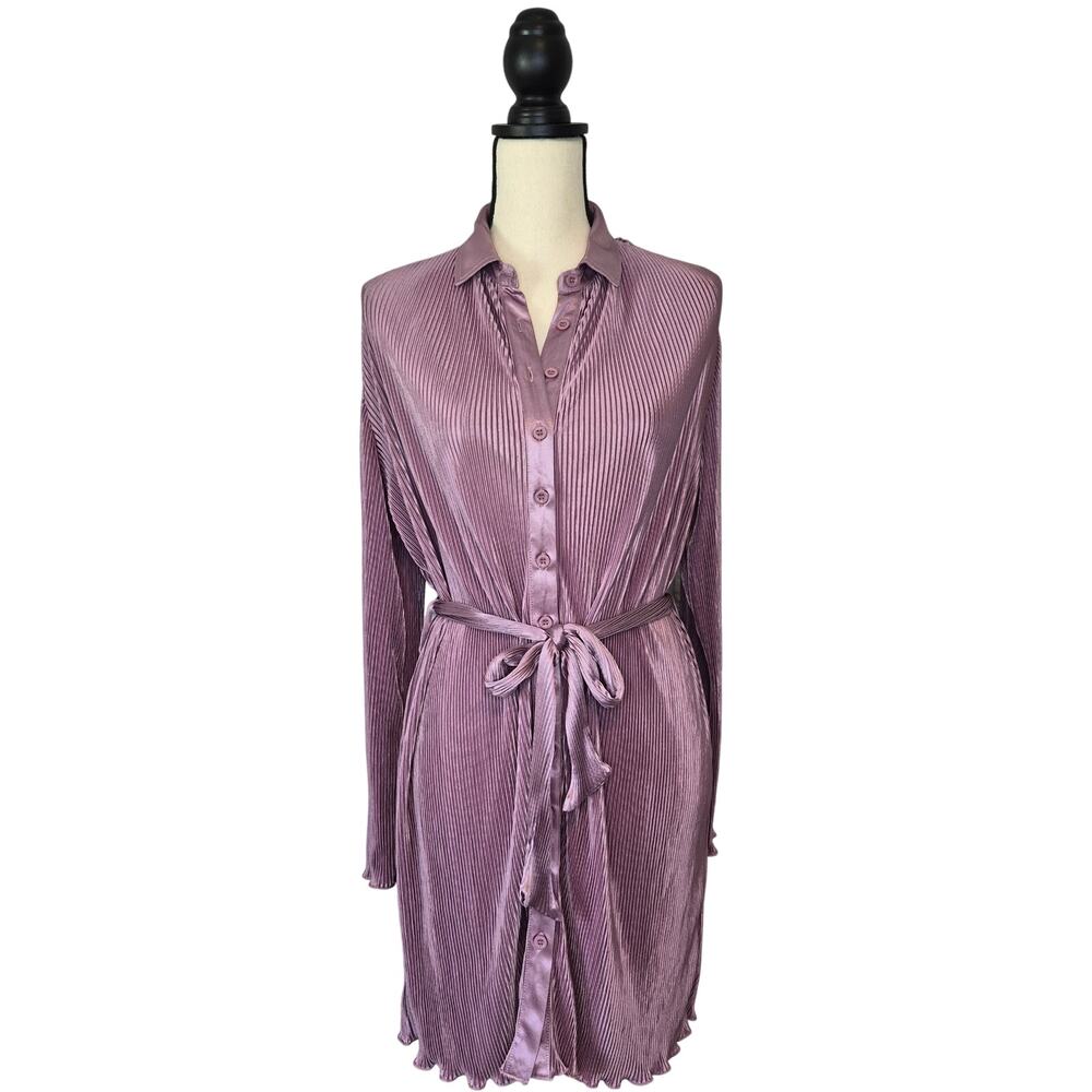 Mable Pleated Plissé Satin Shirt Dress Long Sleeve Mini Tie Waist Lavender sz S